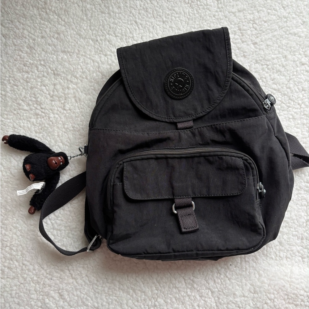 Kipling Y2K Black Queenie Tonal Backpack (13”) with Monkey Keychain
